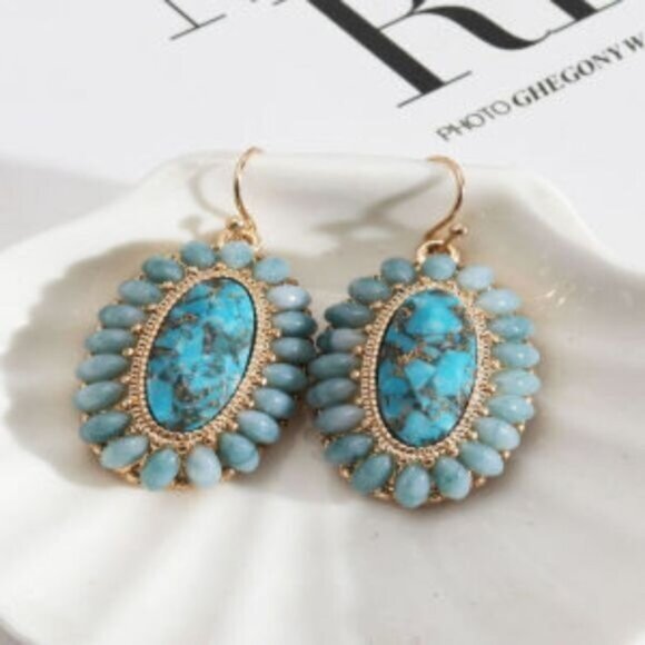 Pearls Turquoise Beads Oval Drop Earrings Western - Picture 1 of 4